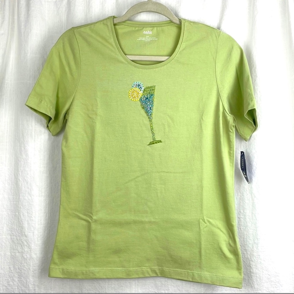 TABI Light Soft Green Short Sleeve T-shirt tee with embellished cocktail beaded